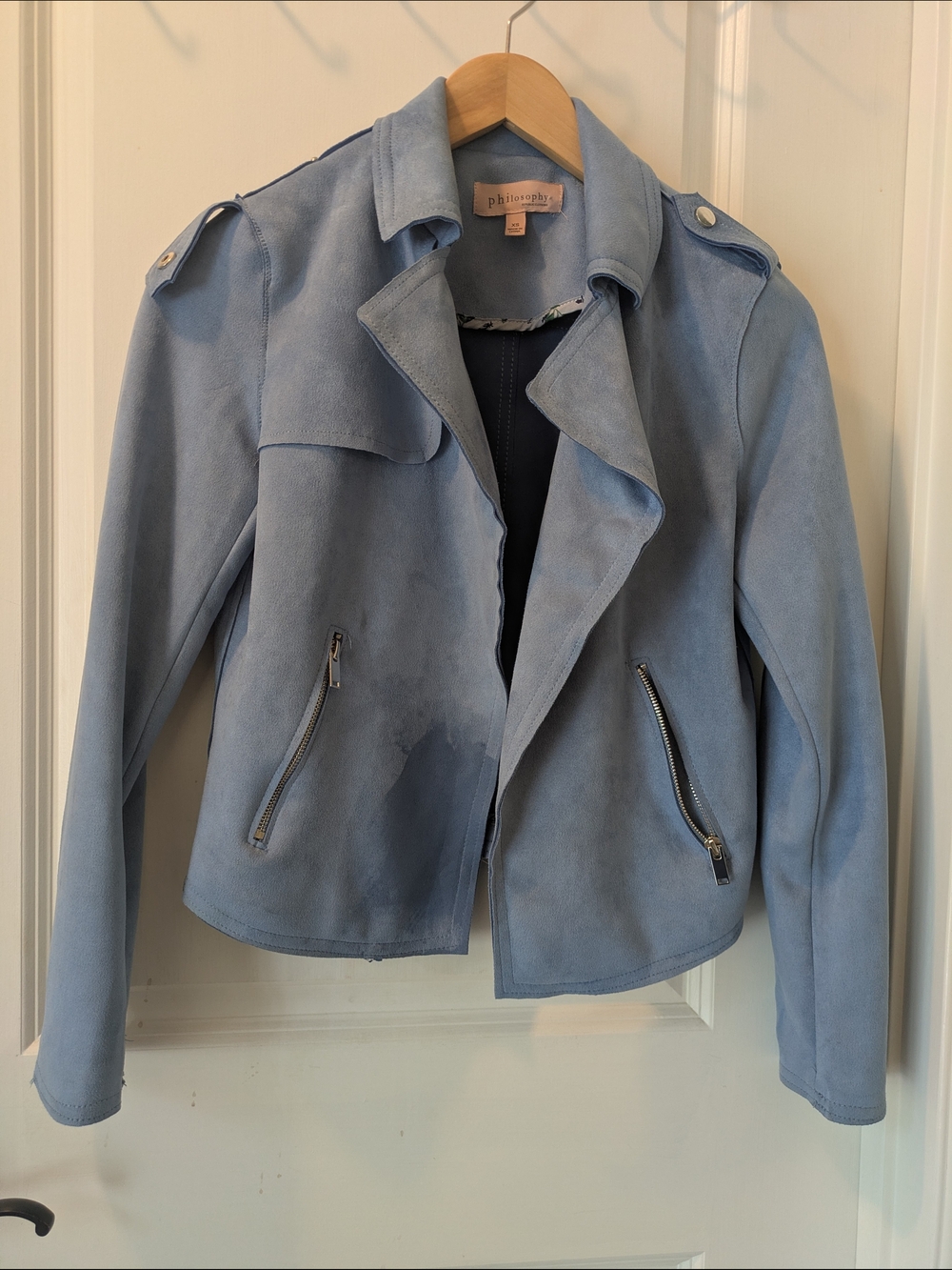 Philosophy Light Blue Suede Moto Jacket